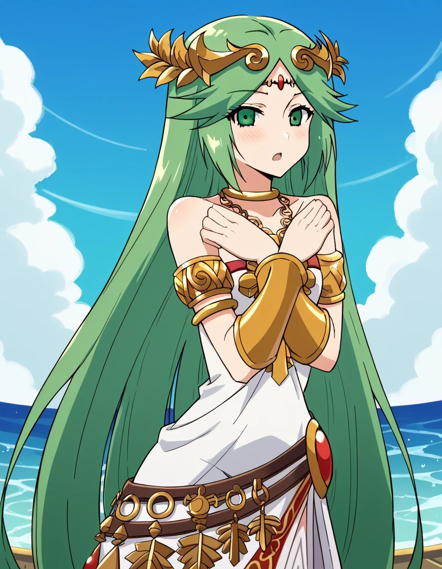 score_9, score_8_up, score_7_up, source_anime, <lora:palutena-trailer-ponyxl-lora-nochekaiser:1>, palutena, long hair, bangs, very long hair, green eyes, green hair, parted bangs,, dress, bare shoulders, jewelry, necklace, white dress, strapless, tiara, strapless dress, armlet, neck ring, gold,, jetty, water, boats, dock, narrow, , <lora:x-arms-ponyxl-lora-nochekaiser:1>, x arms, blush, open mouth, leaning forward,, looking at viewer, solo,, dutch angle, cowboy shot