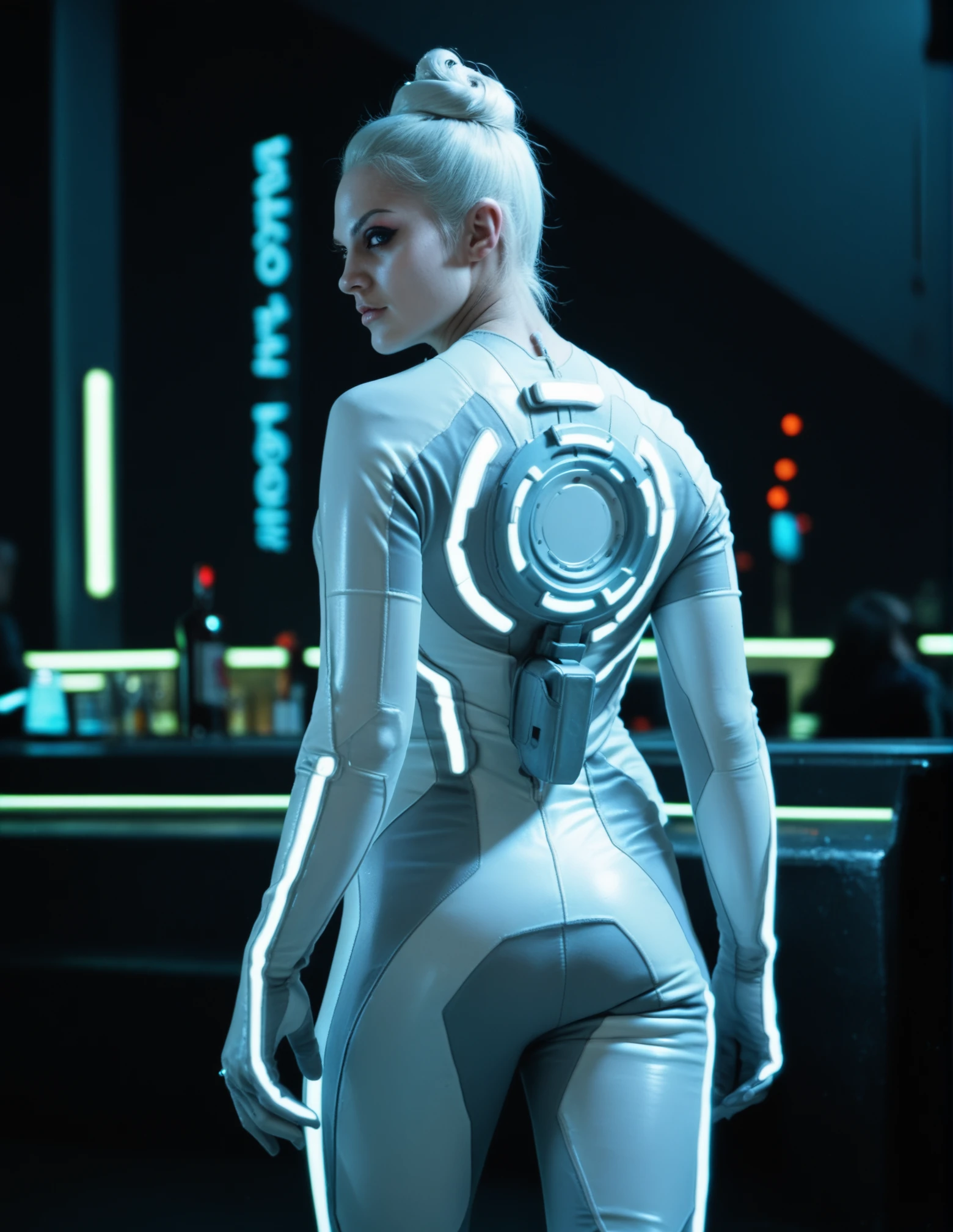 1girl, white hair, pale skin, blue eyes, neon, bun, bodysuit, solo, makeup, looking at the viewer, standing, back view <lora:Gem_TRON:0.8> g3m, score_9, score_8_up, score_7_up, score_6_up