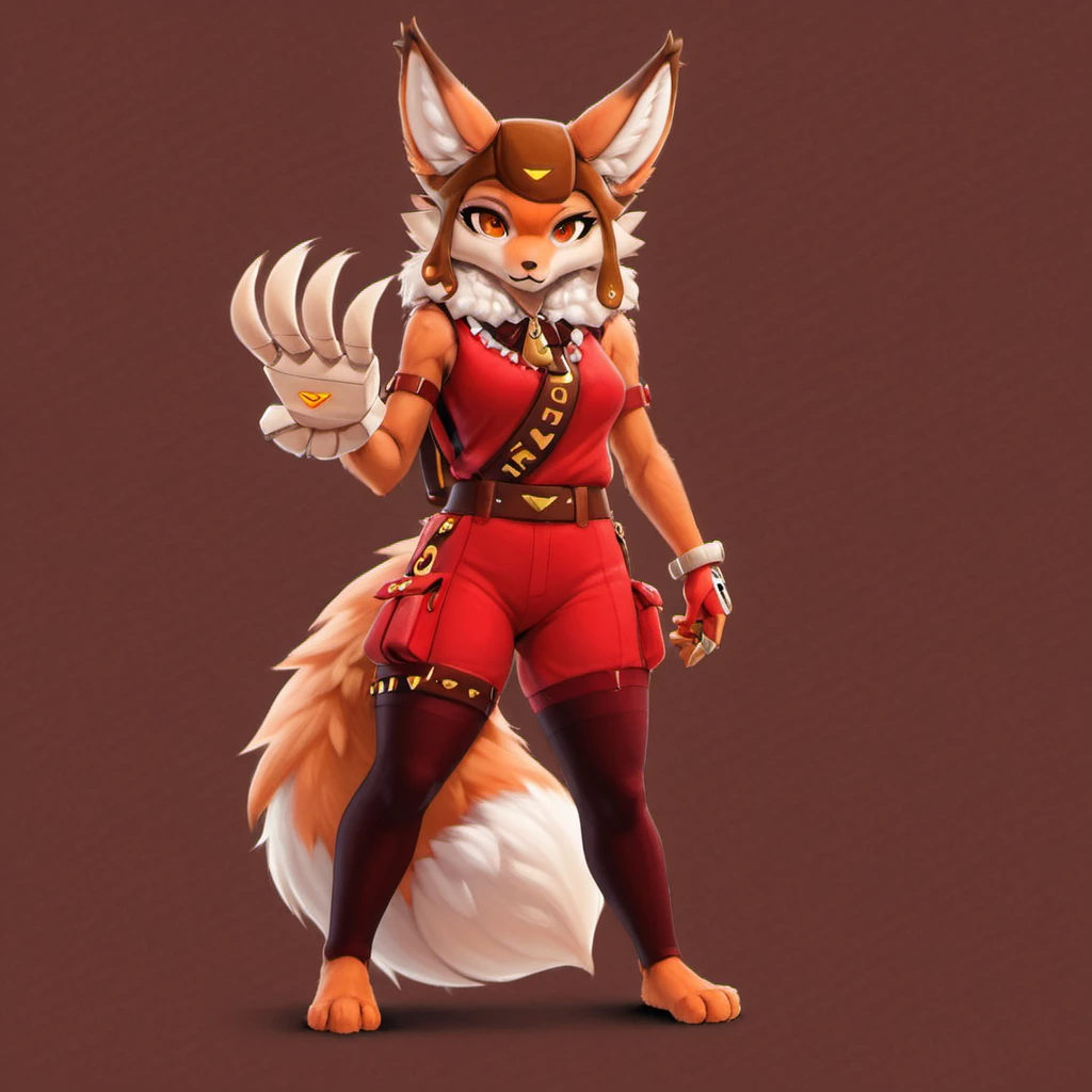 Penny Fox, red fox, furry, tall, random pose, detailed hands, 4 fingers, mitten gloves, ears through headwear, brown eyes, animal ears, paws, ear dipsticks, number 17 on shoulder, furry anthro, pure white background, simple background, long slim fox tail, thin tail, extra long tail, red sleeveless jacket with zipper, fur collar, red shorts, black leggins, 3 toes, beefy feet, brown belt with golden triangle symbol, bandolier