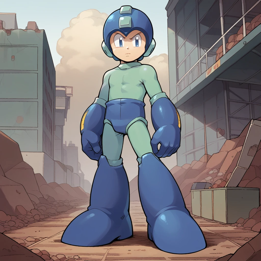score_9, score_8_up, score_7_up, source_anime, absurdres, highres, standing, 1boy, solo, full body, construction site, buildings, concrete, <lora:PDXL_OGMegaman-000015:1.0> mega man \(character\), helmet, bodysuit, closed mouth