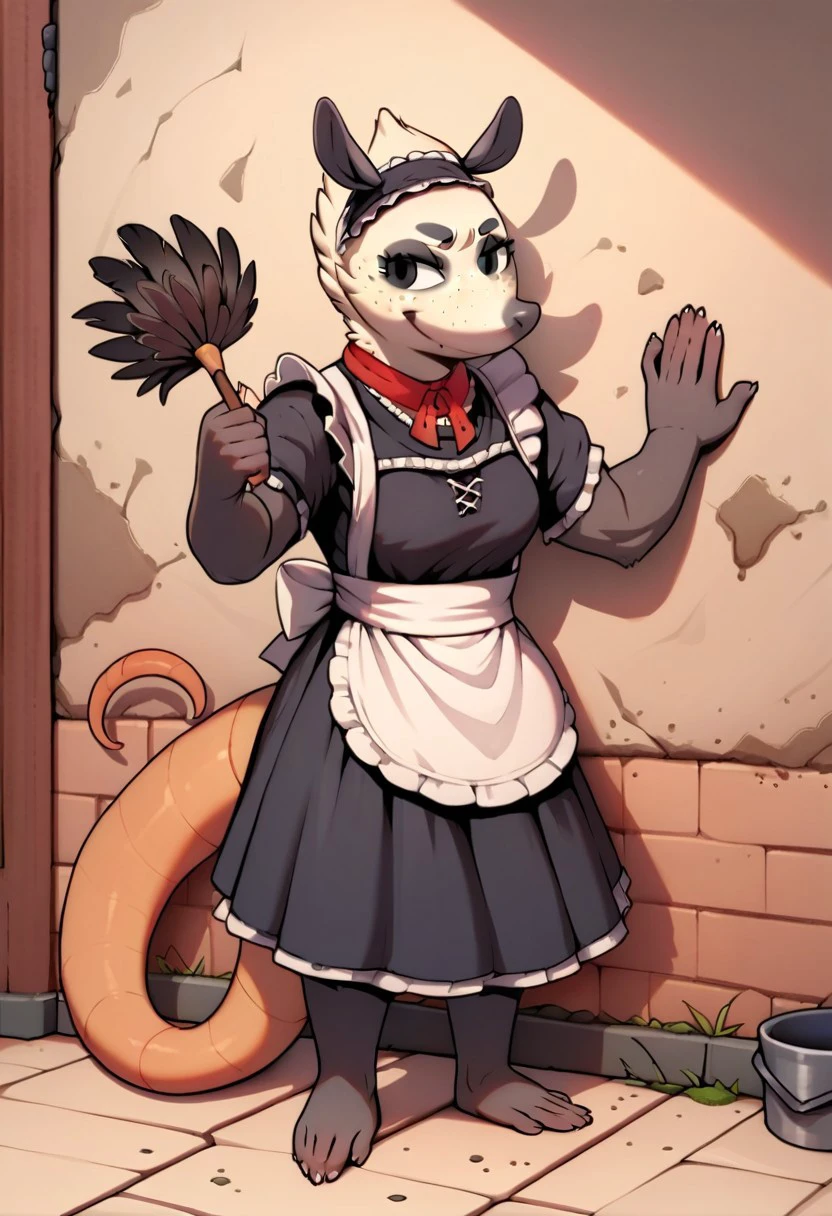 score_9, score_8_up, score_8, score_7, source_cartoon, source_furry, high quality, detailed,
Possum, opossum, virginia opossum, 1girl, solo, white and black fur, thick hairless tail, muscular body, freckles, full body, traditional maid outfit, feather duster, dusting wall, dirt clouds,