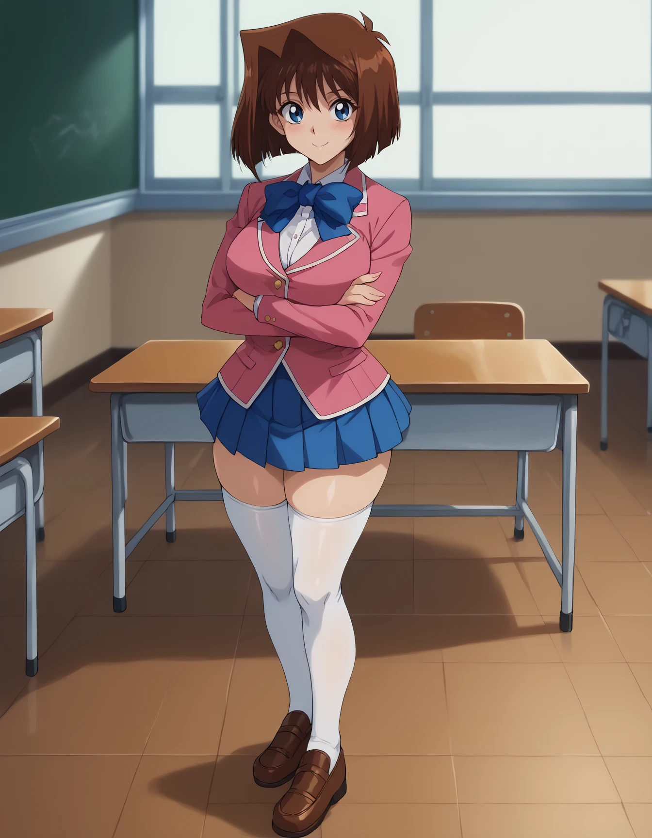 <lora:Anzu_MazakiPonyXL:0.7>, score_9, score_8_up, score_7_up, score_6_up, source_anime,  anime screencap, BREAK, uncensored,  brown hair, short hair, blue eyes, athletic sexy body, slim waist, huge breasts, anzumazakispe, school uniform, blue bowtie, blazer, pink jacket, long sleeves, pleated skirt, blue skirt,  blush, smile, white thigh-high, white stockings,  brown shoes, indoors, classroom,  crossed arms, <lora:Anime_Screencap:1>,  <lora:PerfectEyesXL:1>,  <lora:thicc_v1.4-pony:1>, full body, curvy