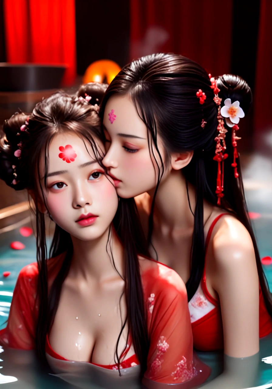 score_9, realistic, hug from behind, kiss another, 2girl, a young woman, a chinese female, half closed eyes, long eyelashes, cleavage, large breasts, straight neckline dudou, floral embroidery pattern wide sleeves, see through chiffon hanfu, moist eyes, hourglass figure, fair skin, hair ornament, hair flower, updo, double bun, absurdly long hair, wavy hair, forehead mark, sweat, wet hair, wet skin, red dress, night, steam, boudoir, red curtain, petals floating on water, bent over, bathing in wooden bucket, partially submerged, <lora:TangfengNetidolFace_pony:1>