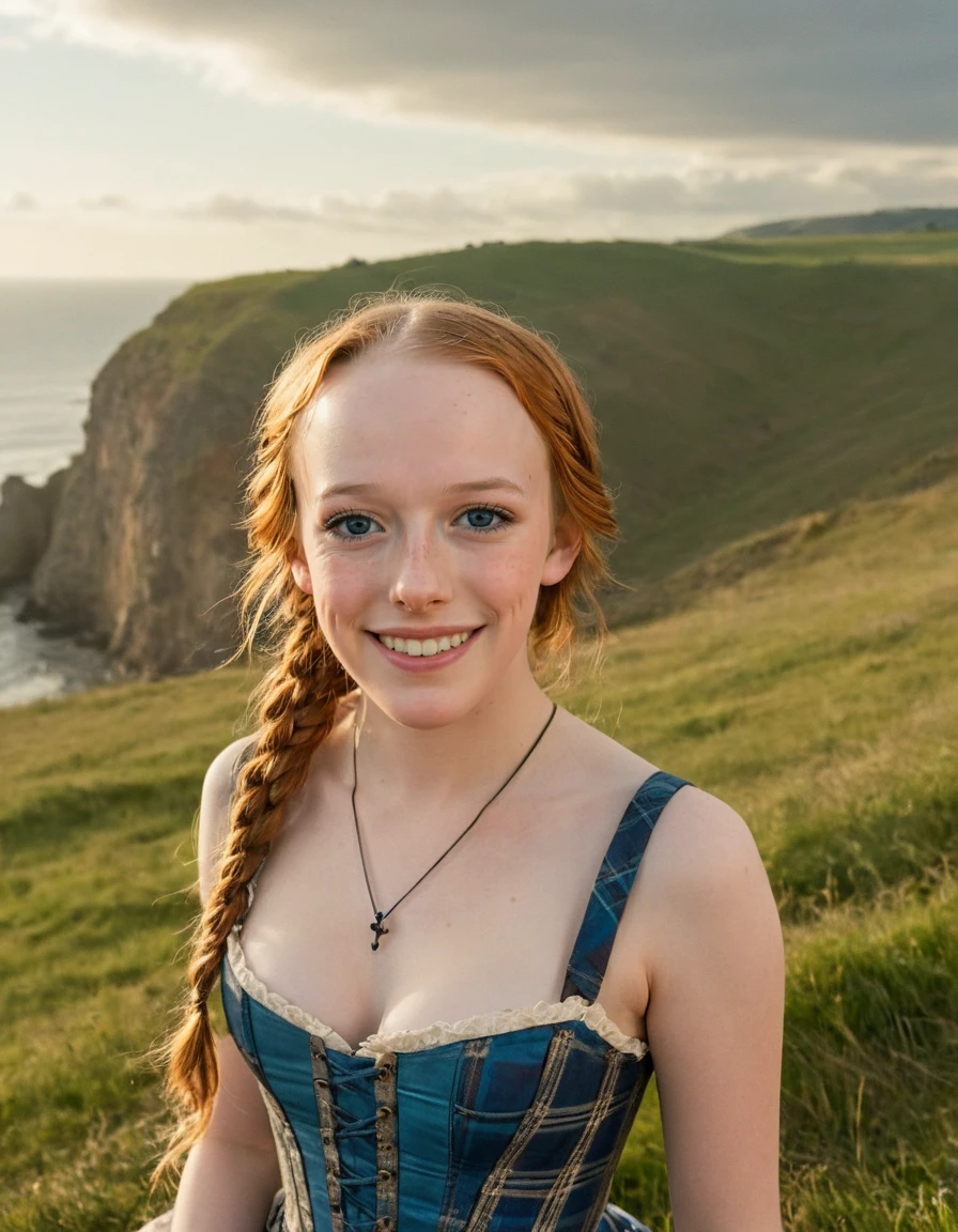 (from above)(Cleavage) (lacy corset) (Photo from 1805) AMYB3THSM1L3, 1girl, solo, long hair, looking at viewer, blue eyes, braid, (big smile), teeth, twin braids, blue plaid, portrait, freckles, the background  is an open landscape scene with a blend of sky and land. sunrise, hint of clouds, warm light to shine through. Below the sky, thereâs a view of the coastline with rugged cliffs and green fields.(Facing front) (frontal)
 <lora:AMYB3THSM1L3_last:1>  <lora:AMYB3THNEUTRAL_last:0.6>