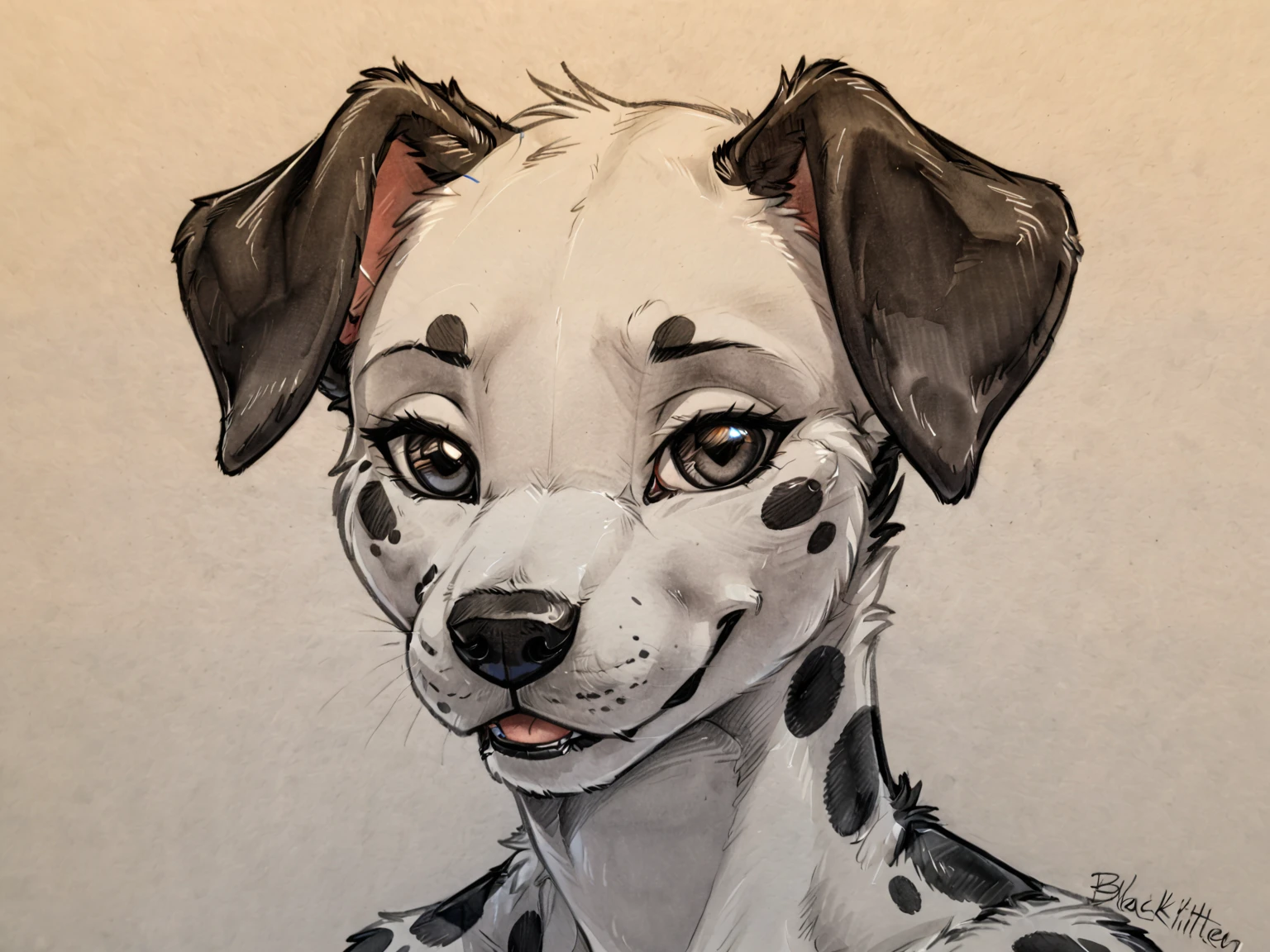 (line art, traditional media \(artwork\)), canine, dalmatian, headshot portrait, pose, by black-kitten,
bedroom, looking at viewer, looking pleasured, seductive, bedroom eyes, in heat,
<lora:Furry_Line_Art_Style:1>, black and white, monochrome