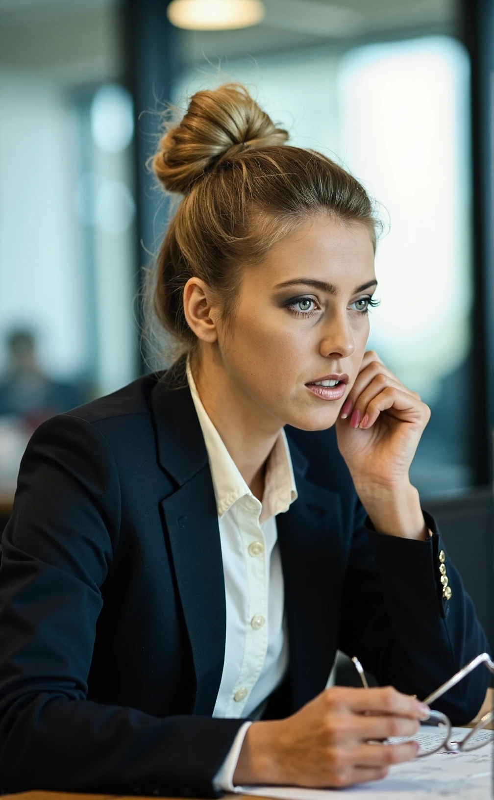 A candid professional photograph of a young woman, Helen_Labdon, dressed in a business suit with her hair in a tight bun, sat in a board meeting in a modern office, she is extremely bored and is holding her glasses in her hand while daydreaming of her vacation, bokeh, detailed skin, SFW<lora:Helen_Labdon:1>