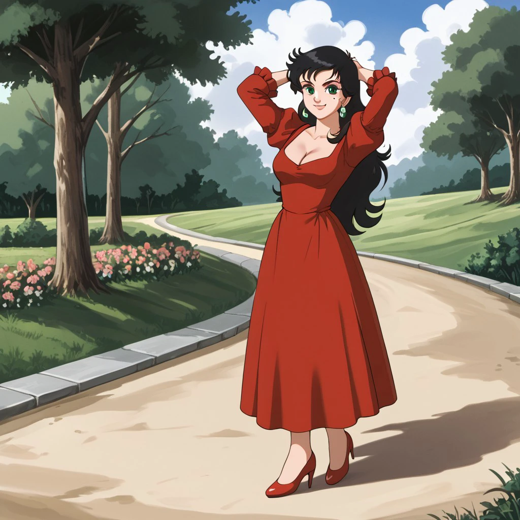 retro artstyle, 1girl, solo, Jeanne, green eyes, black hair, long hair, jewerly, earrings, mole, mole under eye, cleavage, dress, puffy sleeves, shoes, smile, full body, standing, arms, up, outdoor, front view