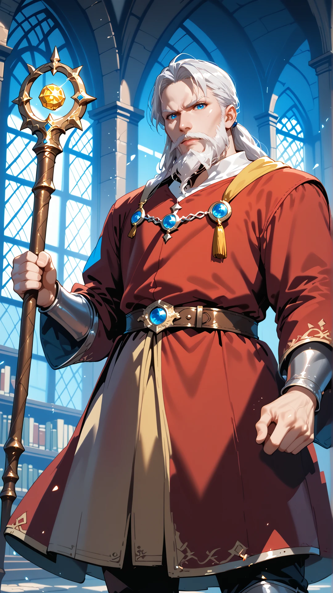 sjsartstyle, 2d, (zPDXL2), cowboy shot, dynamic pose, dynamic angle, webtoon, anime, centered, perfect hands, solo, 1man, mature, holding metal staff with a yellow gem, long beard, old wizard, sorcerer, glowing magic circles in the air, white hair, blue eyes, red robes, indoors, medieval fantasy, library, <lora:sd_xl_dpo_lora_v1:1>, <lora:OMG-Is-DucHaiten_v1.0:0.1>, <lora:sjsartstyle pony:1>