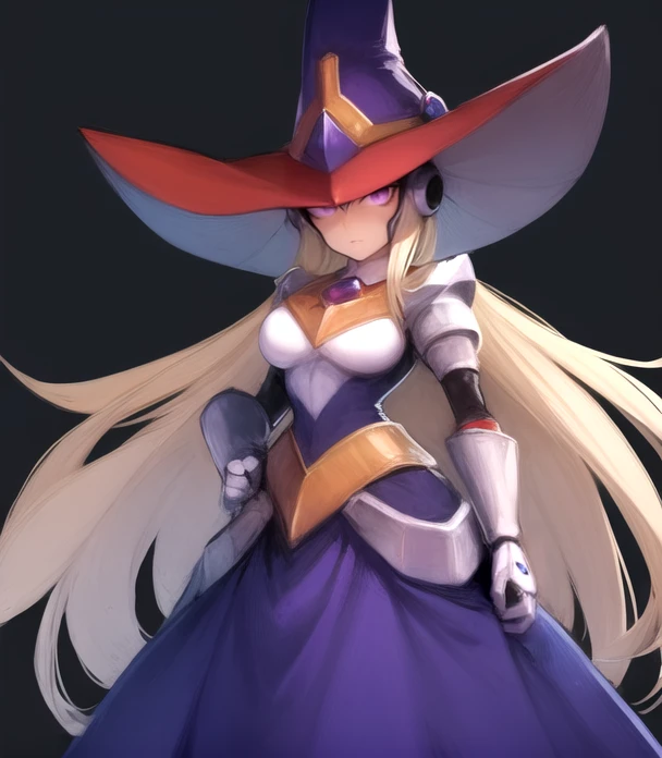 cowboy shot, solo, <lora:Berkana:0.8>, berkana, android, purple eyes, robot ears, blonde hair, long hair, helmet, witch hat, gem, dress, long dress, purple dress, white gloves, robot girl, robot, robot joints, best quality, ultra high res