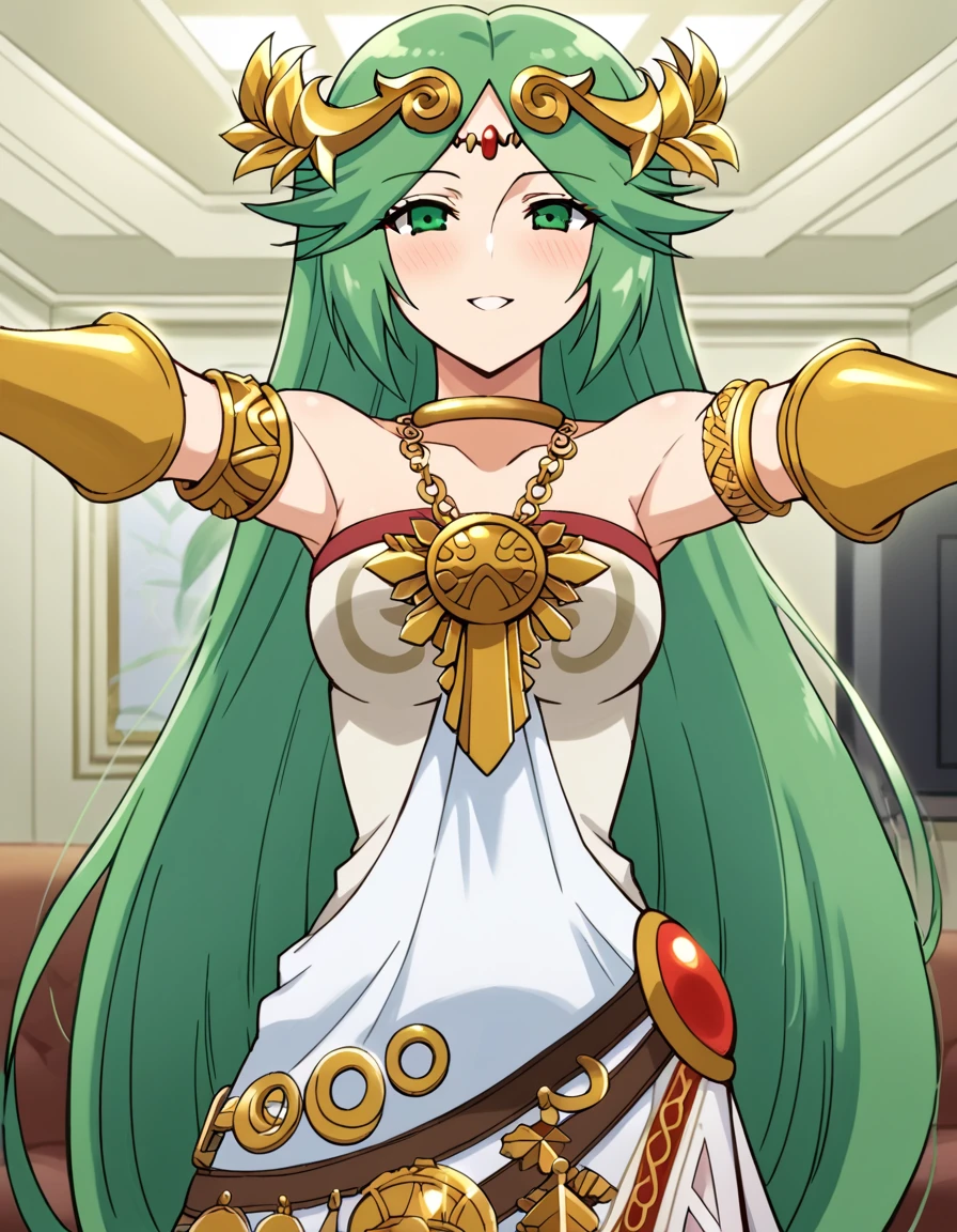 score_9, score_8_up, score_7_up, source_anime, <lora:palutena-trailer-ponyxl-lora-nochekaiser:1>, palutena, long hair, bangs, very long hair, green eyes, green hair, parted bangs,, dress, bare shoulders, jewelry, necklace, white dress, strapless, tiara, strapless dress, armlet, neck ring, gold,, living room, sofa, TV, coffee table, decor, , <lora:incoming-hug-ponyxl-lora-nochekaiser:1>, incoming hug, looking at viewer, reaching, reacing towards viewer, outstretched arms,, bedroom, smile, blush, parted lips, looking at viewer, solo,, dutch angle, cowboy shot