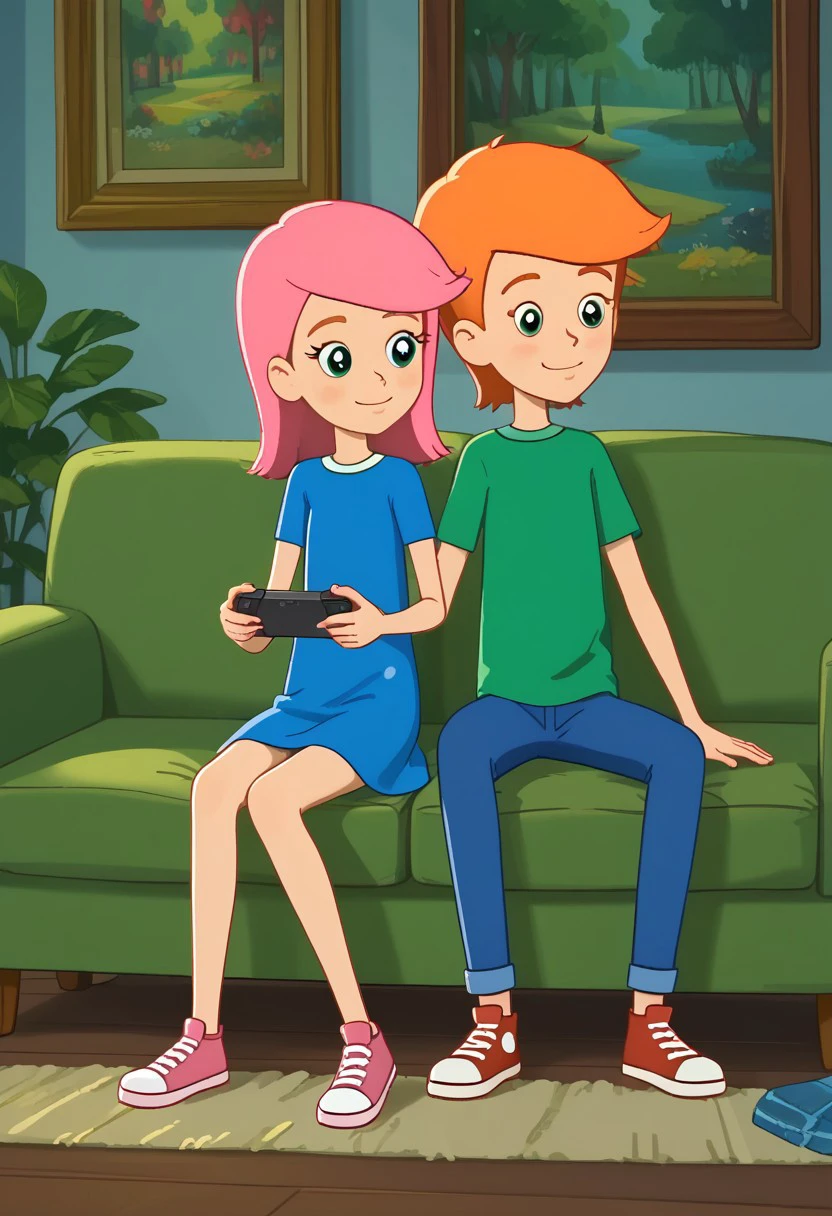 skinny, shorty, undersized, full body,  couple of characters, prostokvashino, slender  boy with short orange hair, petite undersized shorty girl with pink hair, fyodor and pink olya, boy in blue pants and green shirt, and girl in blue slip sundress, sneakers, flat chested shorter girl, at living room  background, close view, couple sitting on green sofa against tv, couple playing in game console, holding gamepad in hands, happy