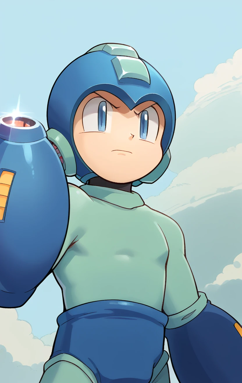 score_9, score_8_up, score_7_up, source_anime, absurdres, highres, standing, 1boy, solo, upper body, blue sky, <lora:PDXL_OGMegaman-000015:1.0> mega man \(character\), helmet, bodysuit, right arm cannon, closed mouth