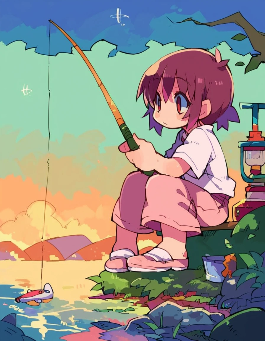 score_9, score_8_up, score_7_up, score_6_up, source_anime, anime coloring, fishing, fishing rod, holding fishing rod, holding, 1girl, solo, sitting, <lora:angling-v2-pony_1:0.8> , mjm