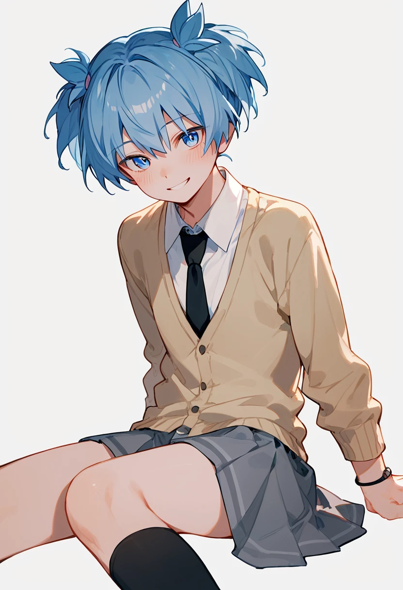 score_9, score_8_up, score_7_up, simple background, white background,  <lora:nagisa01-000014:1>, nagisa, 1 boy, blue hair, blue eyes, short twintails, hairband on wrist, white shirt, collared shirt, black tie, cardigan, grey skirt, pleated skirt, sitting, legs, black kneehigh, looking at viewer, smile, blush,