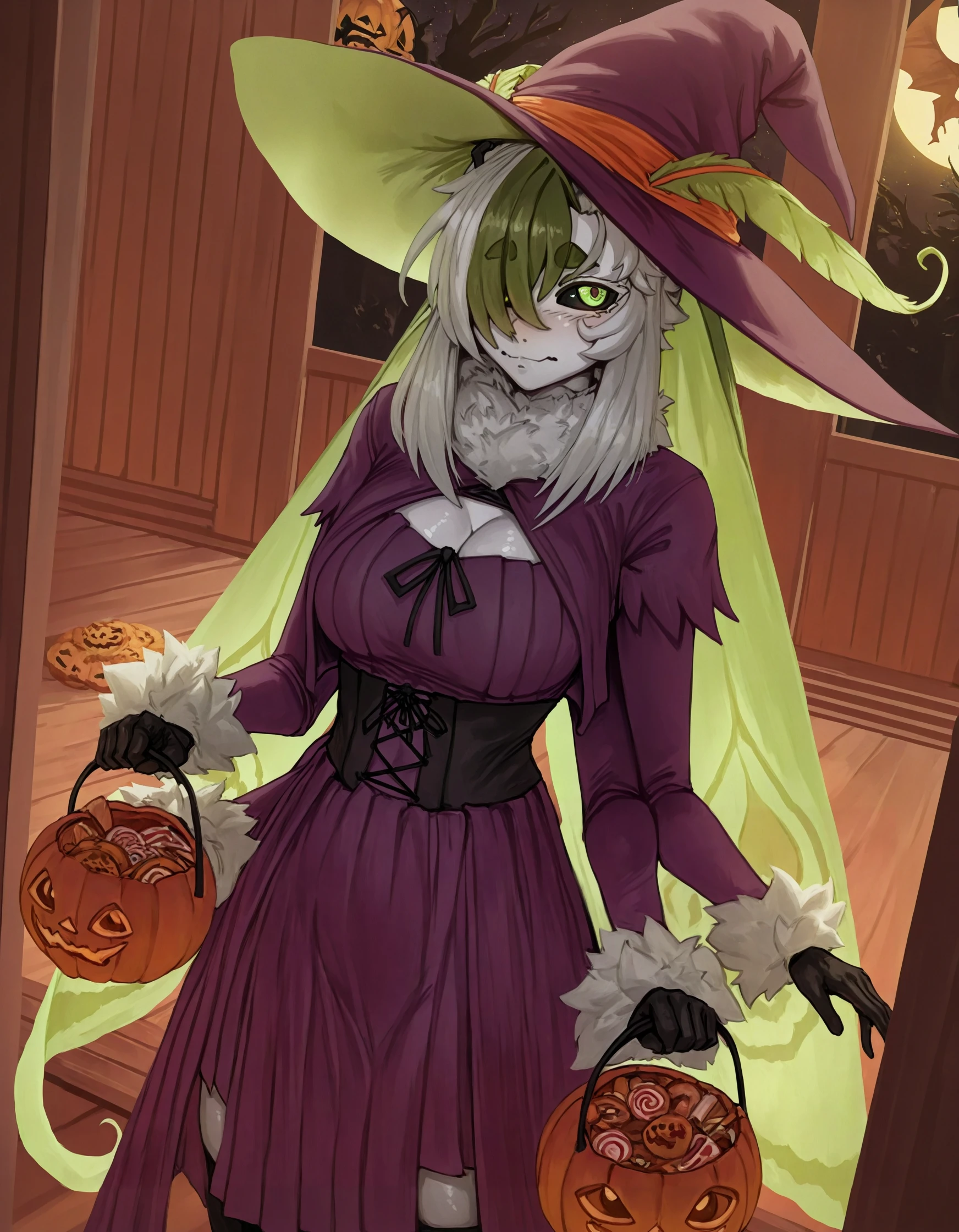 juniper actias, moth girl, black sclera, antannae, multiple arms, white skin, (modare:0.65), (seraziel:0.65), (quasarcake:0.65), green eyes, white hair, green hair, streaked hair, witch costume, halloween costume, witch hat, purple robe, trick-or-treating, scenery, porch, night, orange theme, wide shot, (fisheye:0.5)