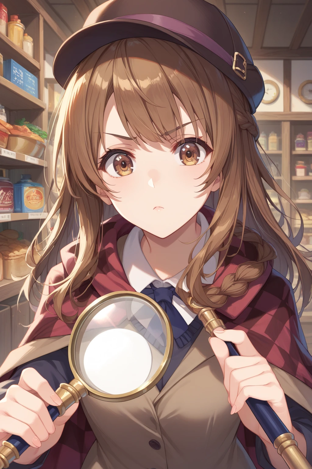 (score_9, score_8_up:1.1), score_7_up, high res image,masterpiece, mashiro aoi, 1girl, solo, brown hair, long hair, braid, brown eyes, detective outfit, sherlock hat, checkered cape, magnifying glass, serious, pov, jewelry, indoors, shop