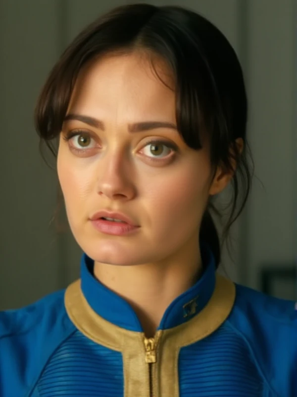 Lucy wears a blue jumpsuit with some yellow marks. She has dark hair attached in the back. closeup face portrait. Professional photography  <lora:Lucy:0.9>