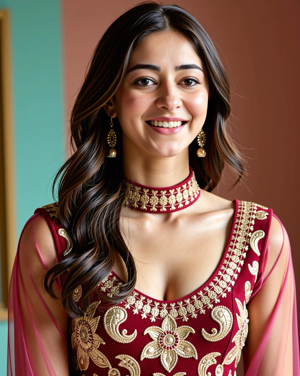 headshot photo of Ananya Pandey woman,candid photo with natural colors, laughing expression on face,studio quality, wearing intricate elegant conservative turtleneck Crimson Anarkali Suit, curls, pastel shaded multicolored background, cinematic soft lighting<lora:TestBed\Ananya_Pandey_Flux_Kohya_V1.safetensors:0.8:0.8>