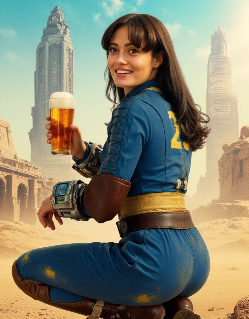 Lucy wears a blue jumpsuit with some yellow marks. She has long dark hair attached . she wear brown military boots. She wears a pipboy wrist-computer. She smiles and looks at the viewer holding a beer. postapocaliptic city desert background  <lora:Lucy:0.9>