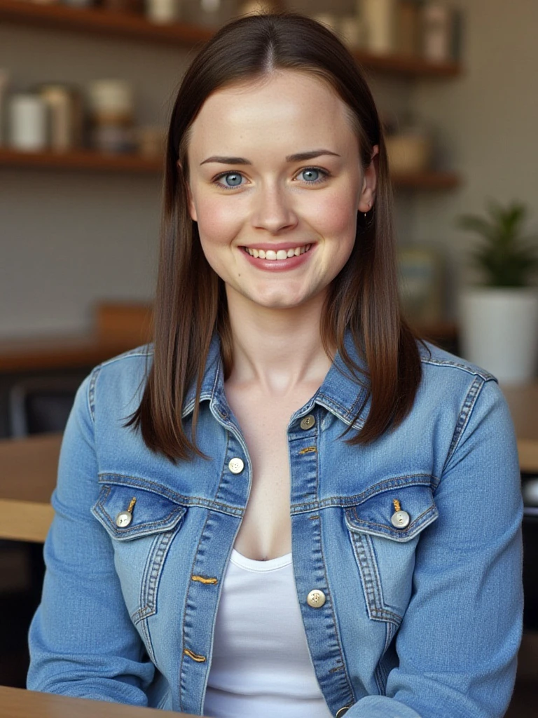 <lora:alexis-bledel:1> female at a cafe, wearing jean jacket, smiling, happy,