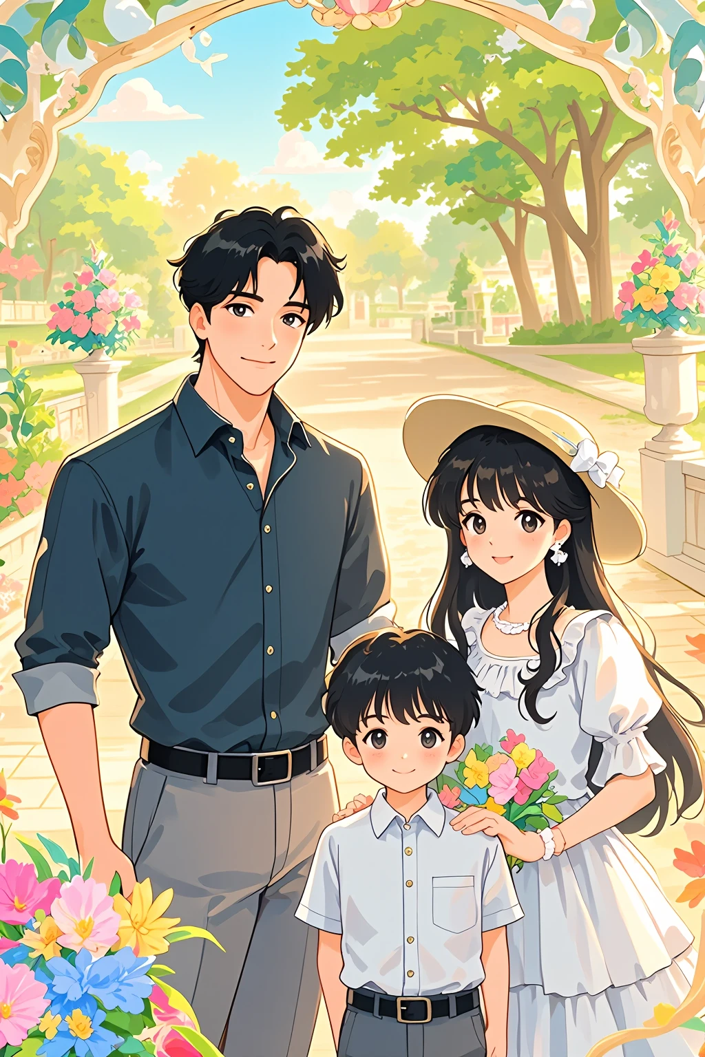 Cassiopeia,This is a vibrant, digitally illustrated image depicting a family of three in a picturesque garden setting. The man on the left has short, tousled dark hair and a fair complexion, wearing a dark blue button-up shirt with a black belt and light gray trousers. His expression is calm and gentle. Next to him, a young girl with long, dark hair and a fair complexion is dressed in a white, ruffled dress with a wide brimmed sun hat adorned with a white flower. She holds a bouquet of colorful flowers in her right hand. The girl's expression is serene and happy. Behind them, a small boy with short, dark hair and a fair complexion is dressed in a white, short-sleeved shirt with a black belt and gray trousers. He stands close to the girl, smiling with a sense of joy. The background showcases a well-maintained garden with neatly trimmed hedges, lush green trees, and a stone pathway. The sun is shining brightly, casting soft, warm light that enhances the scene's cheerful atmosphere. The overall style is anime-inspired, characterized by clean lines, expressive eyes, and a vibrant color palette. The image exudes a sense of warmth and family harmony，Exquisite details