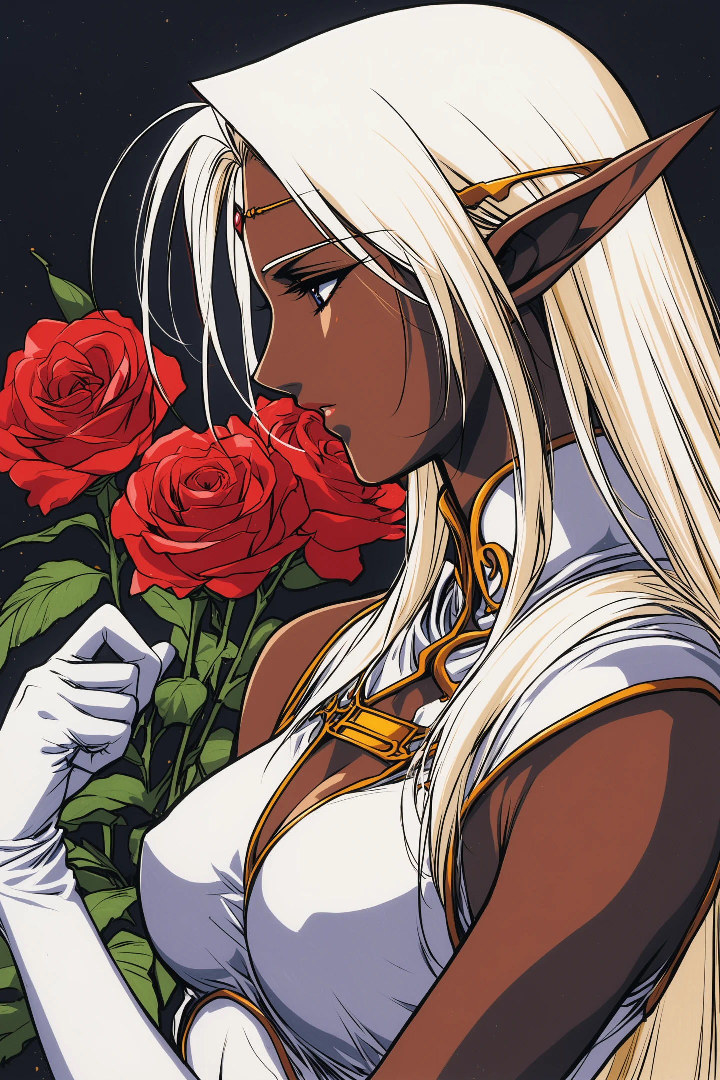 1girl,Pirotess,elf,solo,dark-skinned female,dark skin,pointy ears,dark elf,flower,rose,gloves,white hair,breasts,long hair,cleavage,red flower,elbow gloves,profile,circlet,red rose,upper body,long pointy ears,white gloves,medium breasts,cleavage cutout,retro artstyle,traditional media,
<lora:yuuki nobuteru_XL:0.8>,