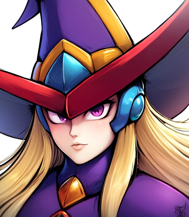 close-up, portrait, solo, <lora:Berkana:0.85>, berkana, android, purple eyes, robot ears, blonde hair, long hair, helmet, witch hat, purple hat, purple gem, gem, robot girl, 3/4 angle, facing left, looking at viewer, best quality, ultra high res