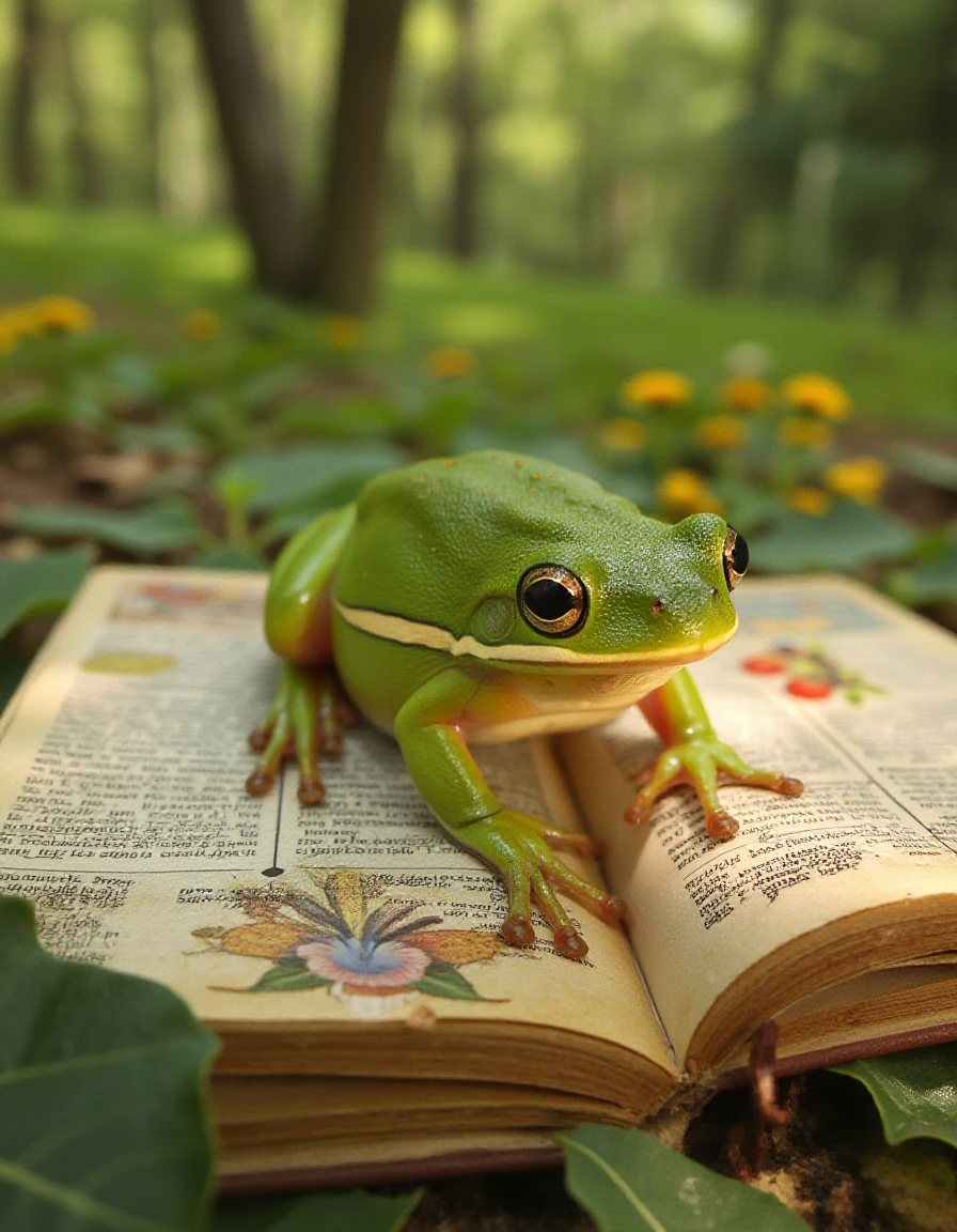 In a stunning real close-up photograph, the vibrant KGR_HYLA_CINEREA_FLUX, a striking green treefrog, emerges dramatically from the glossy pages of a well-loved field guide. Its smooth, emerald skin glistens with droplets of dew, reflecting the soft light in a spectrum of greens and yellows. The fine details of its bulging, amber eyes, glinting with curiosity and life, capture the viewerâs attention, giving it a sense of personality. Surrounding the frog, the slightly curled pages of the field guide are adorned with vivid illustrations and informative text that tell of its habitat and behaviors, with colors that echo the treefrog's own brilliant hues.
The backdrop features a serene, sun-dappled environment reminiscent of a lush rainforest, with rich green foliage and delicate wildflowers adding to the sceneâs vibrancy. Gentle rays of sunlight filter through the canopy overhead, casting playful shadows that dance around the frog. The air is alive with the sounds of chirping insects and rustling leaves, a symphony of nature that enhances the sense of adventure as the frog seems to leap into its natural world. The overall atmosphere is one of discovery and exuberance, encapsulating the moment when the creature transcends the limit of the page and embraces its true, froggy essence amidst the splendor of the wilderness.
<lora:kgr-hyla-cinerea-flux-v01:1>
<lora:FLUX.1-Turbo-Alpha:1>