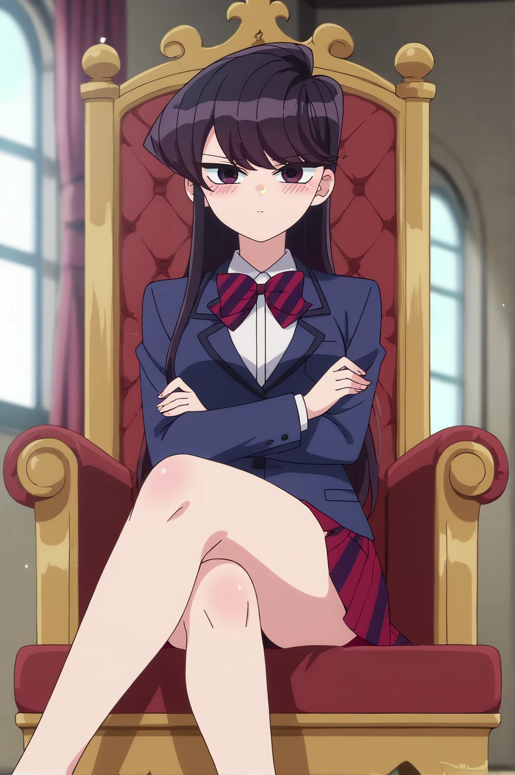 score_9, score_8_up, score_7_up,anime_source, source_anime, best background, detailed background, anime screencap,  Shoko Komi, Main Outfit, indoors, blush, dynamic angle, dynamic pose, tsundere, crossed legs, crossed arms, sitting, throne, tsurime eyes, <lora:JN_Shoko_Komi_Pony:0.8>