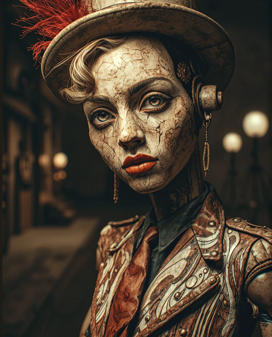 GAANATO<lora:auzouxanatomist:1.42> best quality, highly detailed, photorealistic, in style of 1950s noire movie, in a dark street by dark night, a large portrait of an stunning automaton woman in old wood wearing a hat and a faded 50's suit, she has under his wooden skin by locations a complex rusted cogs. under her translucent eyes we glimpse golden cogs, (her eyes do not let the viewer of the glance), she has a very light amused smile on her lips, fine elaborate details, 8KHD, Sony A7 dramatic light, Nostalgic lighting