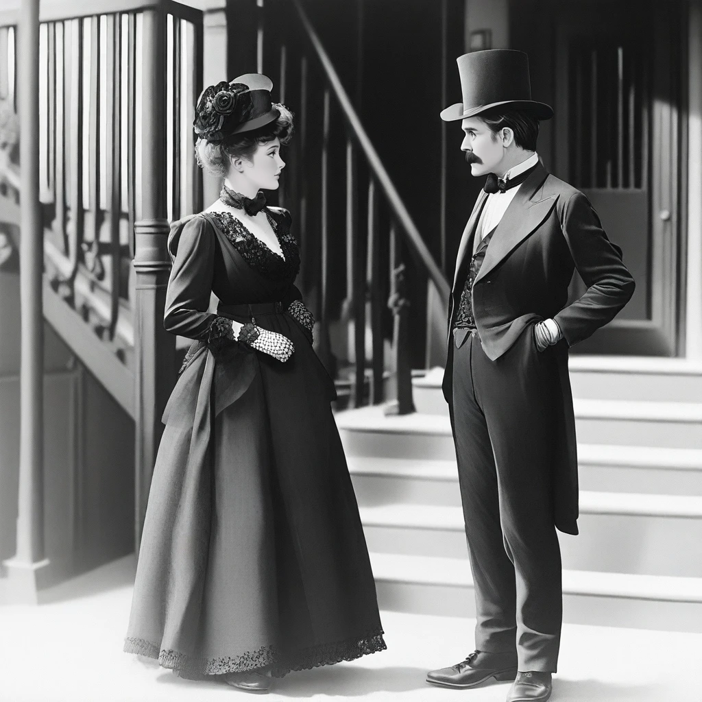 <lora:1900s_Drama_MovieIllustrious:1> ArsMovieStill, movie still from a 1900s drama movie, The image shows a man and woman standing next to each other in front of a building. The man is wearing a hat and the woman is wearing footwear. On the right side of the image there is a cage and a bench and in the background there are stairs a door a wall and a window., 1girl, 1boy, hat, dress, monochrome, gloves, greyscale, long sleeves, top hat, bowtie