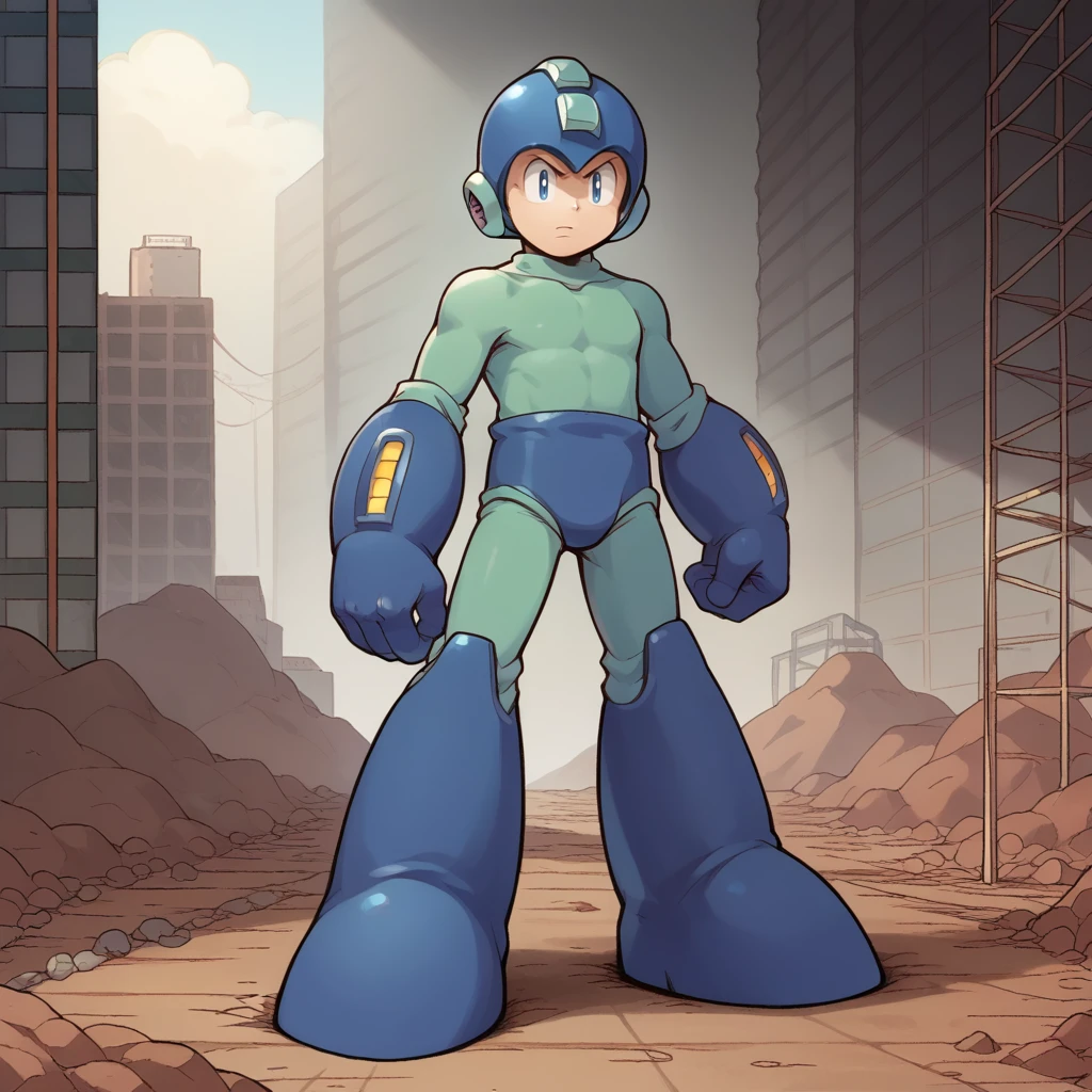 score_9, score_8_up, score_7_up, source_anime, absurdres, highres, standing, 1boy, solo, full body, construction site, buildings, concrete, <lora:PDXL_OGMegaman-000015:1.0> mega man \(character\), helmet, arm cannon, bodysuit, closed mouth