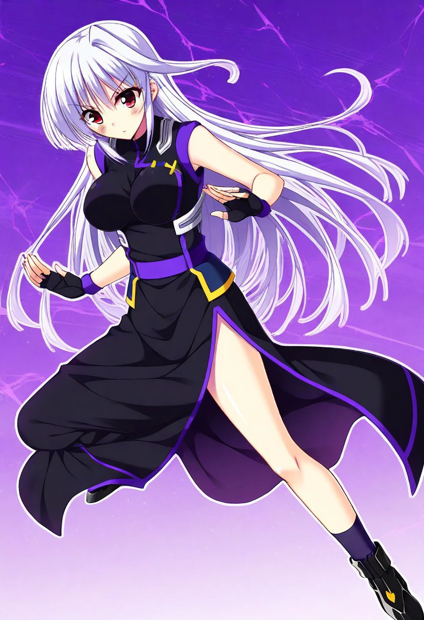 best quality, masterpiece, anime, 1girl, solo, Reinforce, long hair, white hair, single hair intake, red eye, long dress, black dress with purple trim, side slit, black gloves with purple trim, fingerless gloves, purple waistband, sleeveless dress, bare shoulders, black sock, black metal shoes, fighting stance, ((endori face)), standing, on one leg, knee up