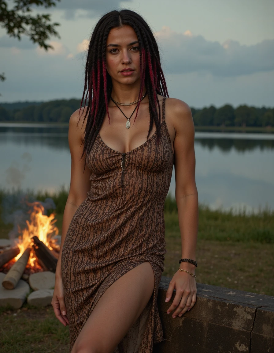 sexy pose,a muscular woman,Dreadlocks,colored tips,dressed in a sleeveless flapper dress with art deco patterns and a feather boa,claw pose,a lakeside campfire circle,,Ilford HP5+ 400,Warm lighting