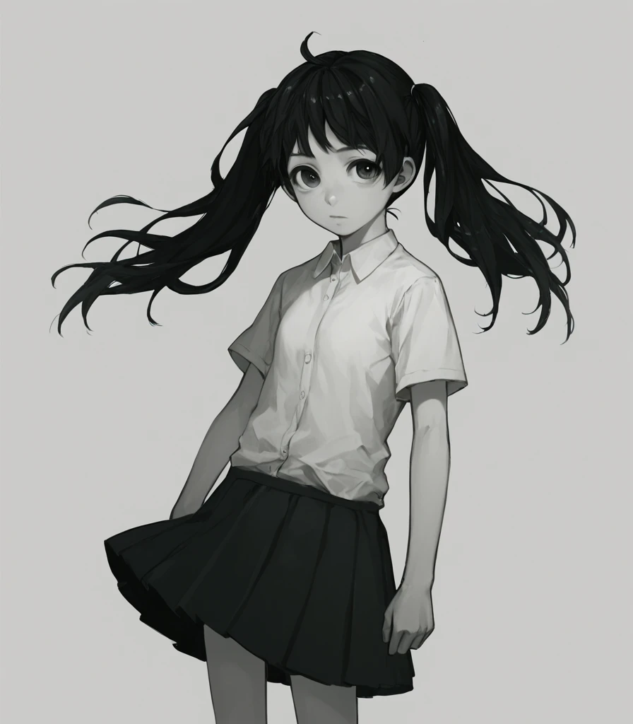 score_9, score_8_up 
 <lora:Monoko:1> m0n0k0, 1girl, solo, twintails, skirt, monochrome, shirt, black hair, long hair