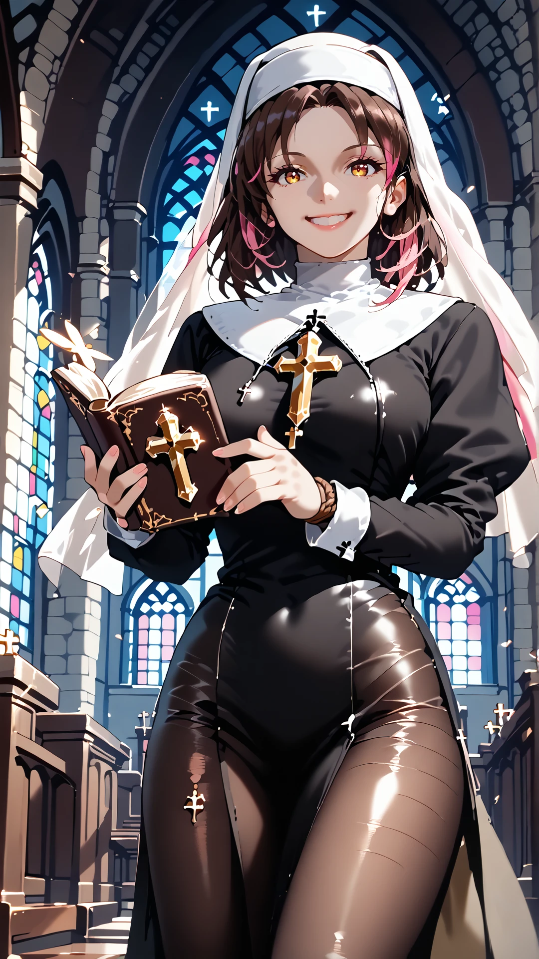 sjsartstyle, 2d, (zPDXL2), cowboy shot, dynamic pose, dynamic angle, webtoon, anime, centered, solo, (((holding book)), smiling, 1girl, 1woman, sexy nun, (((nun habit))), ((dark brown hair)), pink highlights, pale skin tone, angelic, ((long white veil)), ((black pantyhose)), old leather bound book with a golden cross embossed upon it's cover, indoors, church background, <lora:sd_xl_dpo_lora_v1:1>, <lora:OMG-Is-DucHaiten_v1.0:0.1>, <lora:sjsartstyle pony:1>