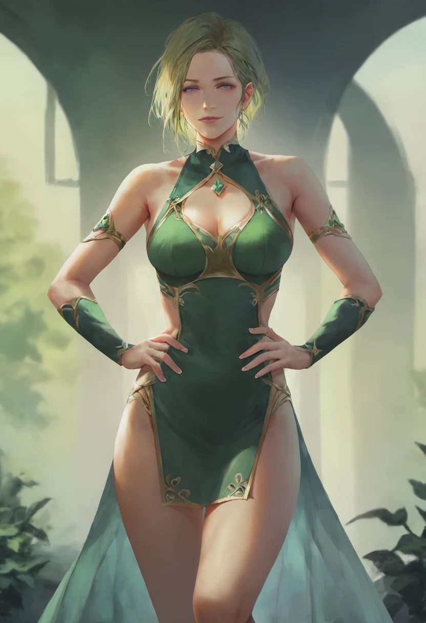 druidess wearing a green dress made of leaves and red panties, blonde bobcut, gorgeous woman, ancient overgrown stone ruins, low-angle shot