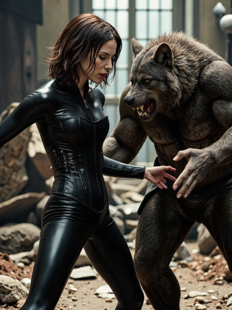 A dark, ultra-realistic, cinematic depiction of a fierce battle between a stunning, full-bodied vampire woman, Selene, inspired by the 'Underworld' film series, and a ferocious werewolf in a gritty, raw, photo-realistic style, with intense lighting and shadows, capturing the raw emotion and unbridled fury of the two supernatural warriors clashing in a world of eternal conflict.