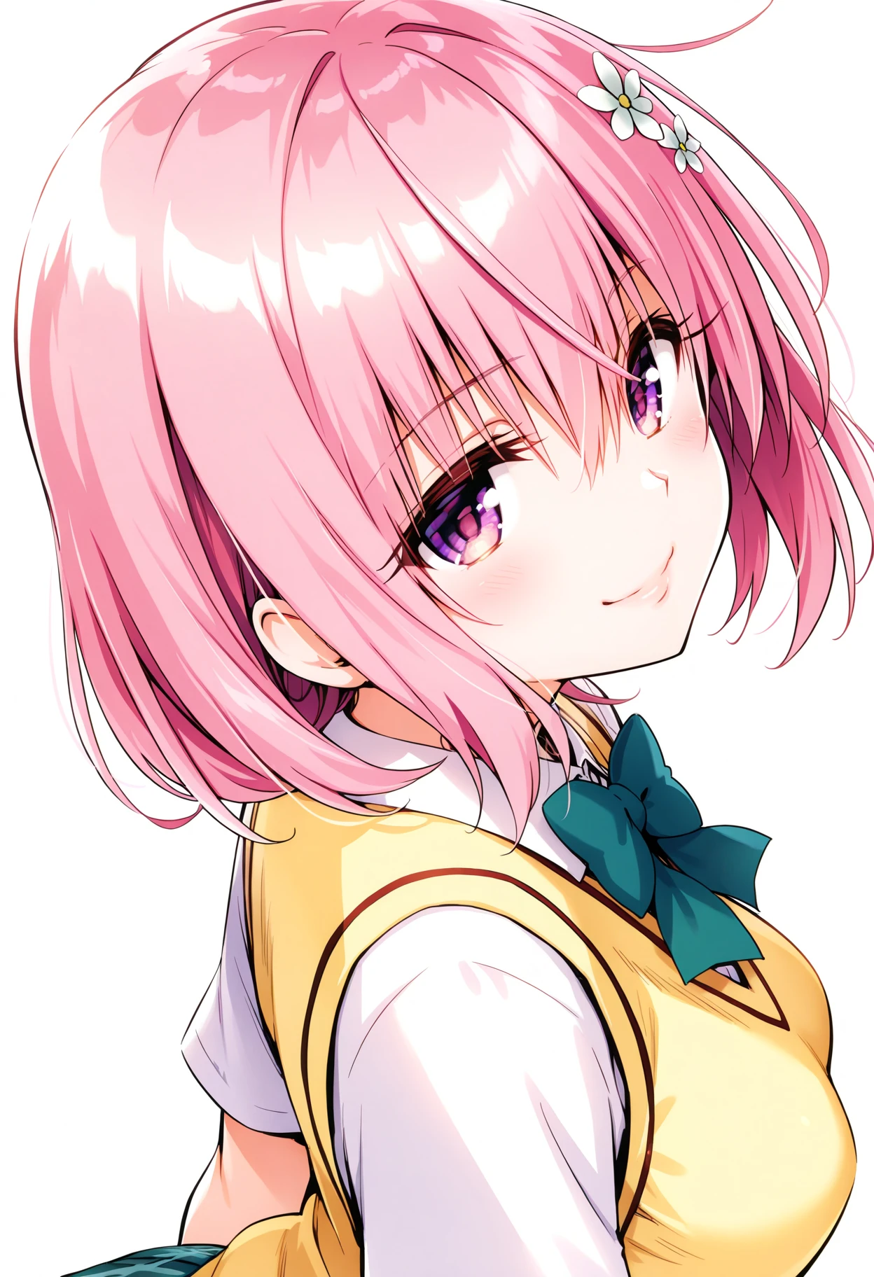 masterpiece,best quality,good quality,1girl,solo,
<lora:momo_ilxl_v1.3:1>,momo,pink hair,purple eyes,white flower hair ornament,m_clothes,short sleeve blouse,school uniform,sweater vest,<lora:Fixhands_anime_bdsqlsz_V1:1>,dynamic_angle,cinematic_angle,seductive_smile,portrait,white background,simple_background,hand_in_hair,, masterpiece,best quality, very aesthetic, absurdres, ultra detailed, high resolution, 4k, extremely detailed CG,