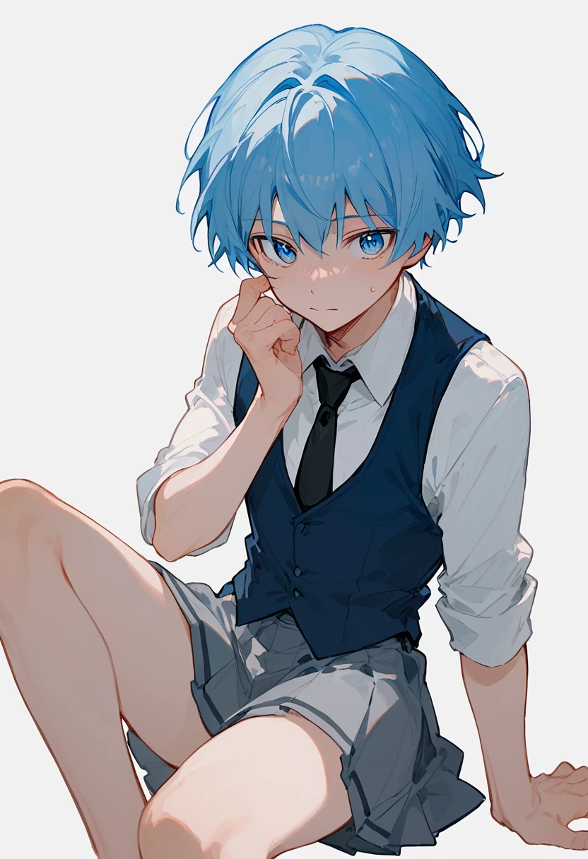 score_9, score_8_up, score_7_up, <lora:nagisa01-000012:1>, nagisa, 1 boy, blue hair, blue eyes, (long hair:0.7), white shirt, collared shirt, black tie, navy vest, grey skirt, pleated skirt, white background, simple background,