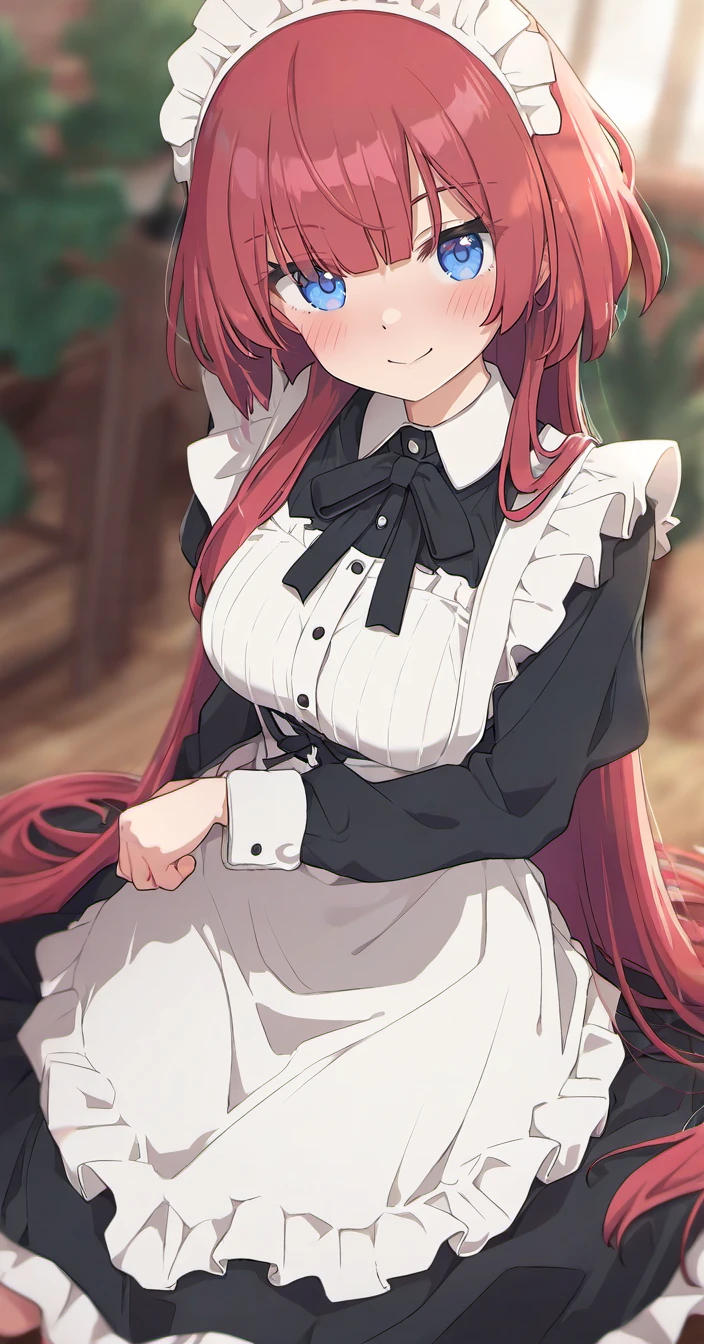 kuragecut,1girl,solo,blush,smile,((hime_cut,very long hair, long hair)),looking at viewer ,((red hair:1.4)), best_quality,masterpiece,modern,indoors,cafe,maid,maid headdress,maid_apron,frills,frilled_skirt,sitting,wariza,breasts, medium breasts, cowboy shot,blunt_bangs
<lora:kuragecut_v1_illustrious_xl:1>,artist:konya_karasue,artist:hoji(hooooooooji1029),michiking,artist:ningen_mame,artist:kedama_milk,[[mignon]],[artist:kani_biimu],artist:ogipote,artist:sy4,noyu_(noyu23386)