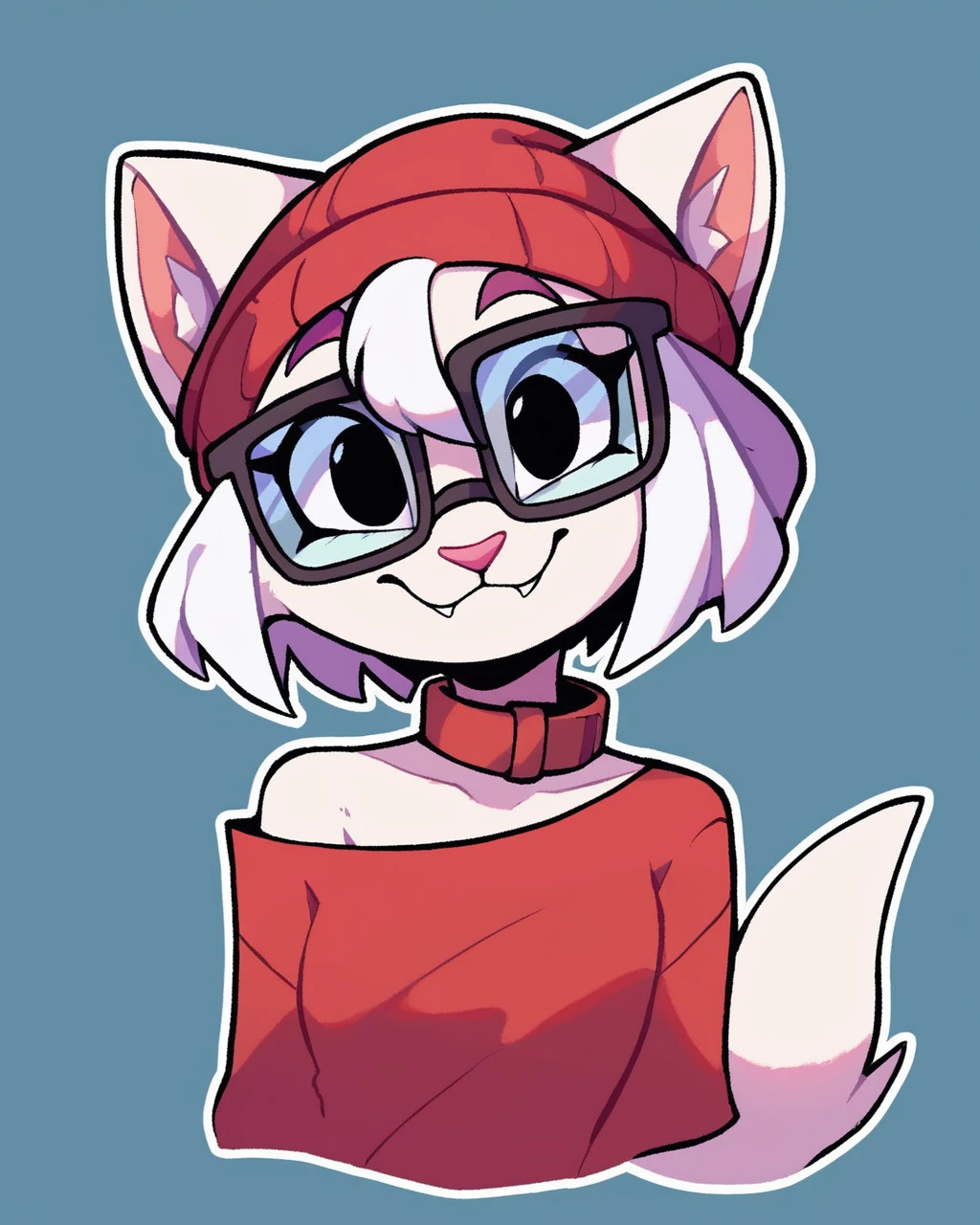 score_9_up, score_8_up, score_7_up, score_6_up, half-length portrait,  by remanedur, cat, short hair, furry female, female, furry, black eyes,  red collar, bracelet, glasses, rectangular glasses, white body, white fur, white hair,  ears through headwear, looking at viewer, solo, smile, happy, (three-quarter view), head tilt, beanie, red beanie, off shoulder, jeans, torn jeans, tail, sneakers, simple background, white outline, <lora:Leah_Pines(AIM)_XL_v1:0.15> <lora:PDXL_artist_tags_v2_big:0.1> <lora:Gaby_senorkah:0.5>