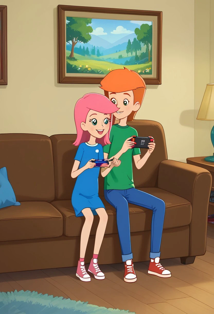 skinny, shorty, undersized, full body, couple of characters, prostokvashino, slender boy with short orange hair, petite undersized shorty girl with pink hair, fyodor and pink olya, boy in blue pants and green shirt, and girl in blue slip sundress, sneakers, flat chested shorter girl, at living room background, close view, couple sitting on green sofa against tv, couple playing in game console, holding gamepad in hands, happy