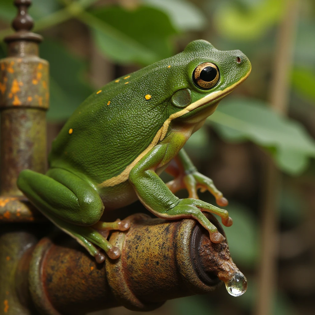 In a captivating close-up photograph, the vibrant KGR_HYLA_CINEREA_FLUX, a striking green treefrog, perches gracefully on an aged and weathered rusty spigot, its surface mottled with patches of bright orange and deep brown corrosion that tells stories of years spent outdoors. The frog's smooth, emerald-green skin glistens in the soft, dappled light filtering through the leafy overhead branches, revealing intricate patterns of delicate lighter spots that seem like nature's artwork.
Beads of moisture cling to its rounded limbs, reflecting the surrounding environment, while its bulging golden eyes, filled with a curious glint, survey the humid air filled with the earthy scent of damp soil and overgrown foliage. The spigot, surrounded by a wild tangle of untamed vines and small wildflowers, serves as a nostalgic relic from a bygone era, the gentle drip of water pooling around its base adding a rhythmic, soothing soundtrack to the scene.
The air is alive with soft chirps and distant rustling, as sunlight breaks through the foliage, creating a warm highlights and deep shadows that dance around the green treefrog, emphasizing its delicate balance between the spirit of nature and the remnants of human craftsmanship.
<lora:kgr-hyla-cinerea-flux-v01:1.1>
<lora:FLUX.1-Turbo-Alpha:1>
