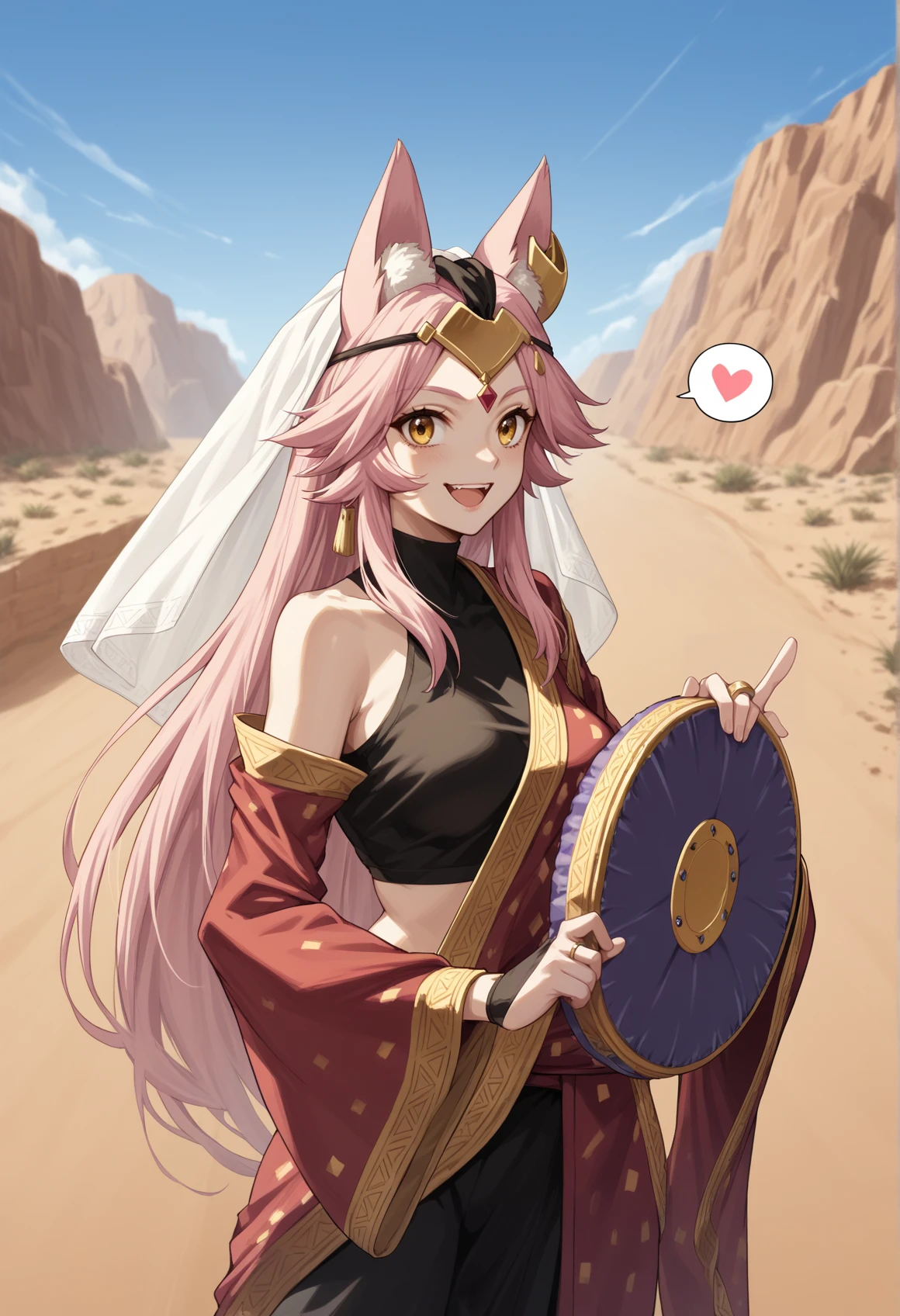 solo <lora:Koyanskaya_pony:1>1girl, long hair, sidelocks, pink hair, yellow eyes, fox ears, fox tail, pink animal ears, pink tail, forehead protector, jewelry, jewel, ring, indian clothes, black bridal gauntlets, tube top, veil, holding sign, spoken heart, smile, open mouth, upper teeth only, thumbs up, desert, highway, bare shoulder, score_9, score_8_up, score_7_up, score_6_up, score_5_up, score_4_up, BREAK source_anime, masterpiece