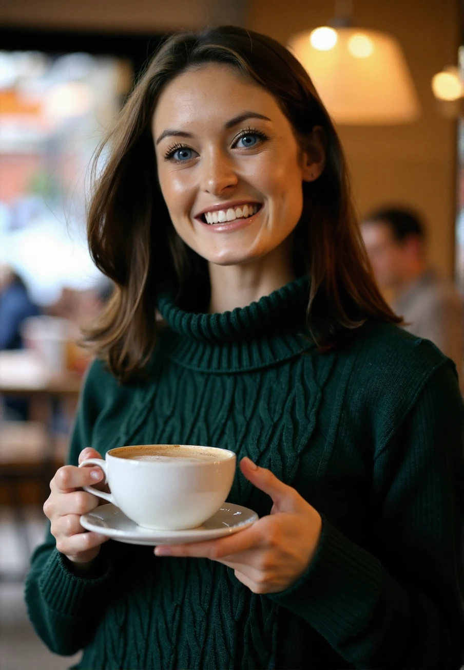 A 4K highly detailed professional photograph of a young brunette woman, Nikkala, wearing a dark green cable-knit sweater, holding a latte in a cafe, detailed skin, bokeh, SFW <lora:Nikkala_Stott-000015:1>