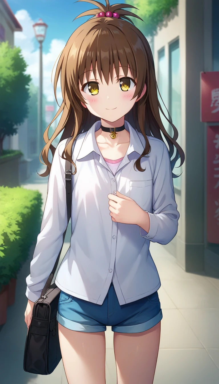 score_9,score_8_up,score_7_up,score_6_up BREAK official art,solo,outdoors,cowboy shot,looking at viewer,facing viewer,smile,blush,Yuki Mikan,long hair,brown hair,hair ornament,hair bobbles,sidelocks,bangs,yellow eyes,collarbone,choker,white shirt,collared shirt,long sleeves,flat chest,denim shorts,short shorts,white socks,loafers,<lora:Yuki Mikan(tlr)-Pony:1.6>,