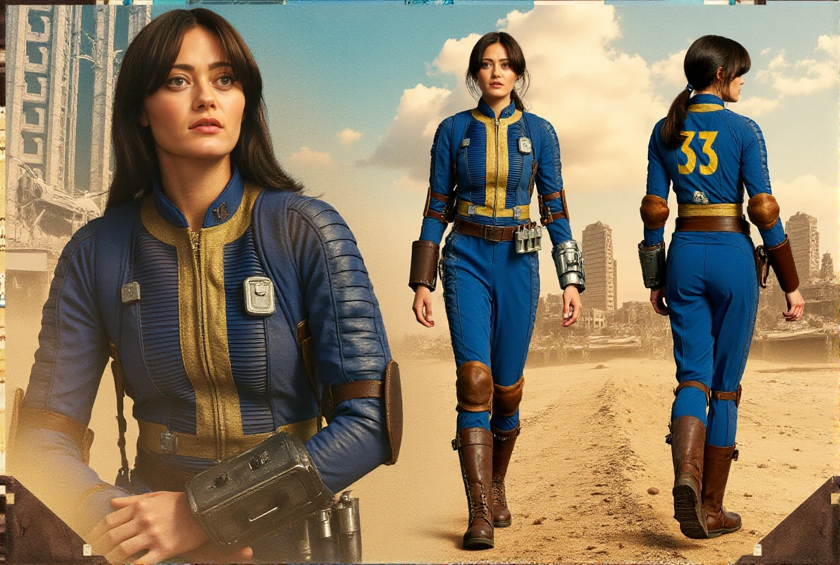 Buffon multiple views, 1girl turnaround, postapocaliptic city desert background with the text "FALLOUT", full body. Lucy wears a blue jumpsuit with some yellow marks. She has long dark hair attached . she wear brown military boots  <lora:Lucy:0.9>