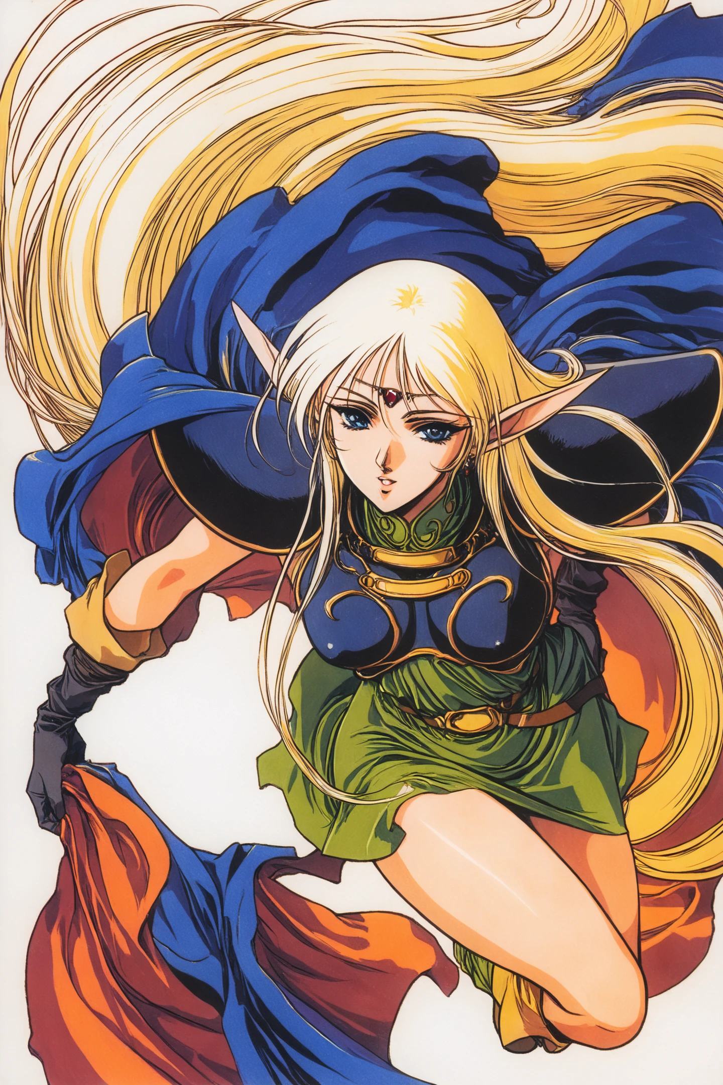 1girl,Deedlit,solo,pointy ears,long hair,blonde hair,gloves,elf,cape,blue cape,blue eyes,boots,from above,circlet,very long hair,shoulder armor,parted lips,looking at viewer,white background,retro artstyle,traditional media,
<lora:yuuki nobuteru_illustriousXL:0.8>,