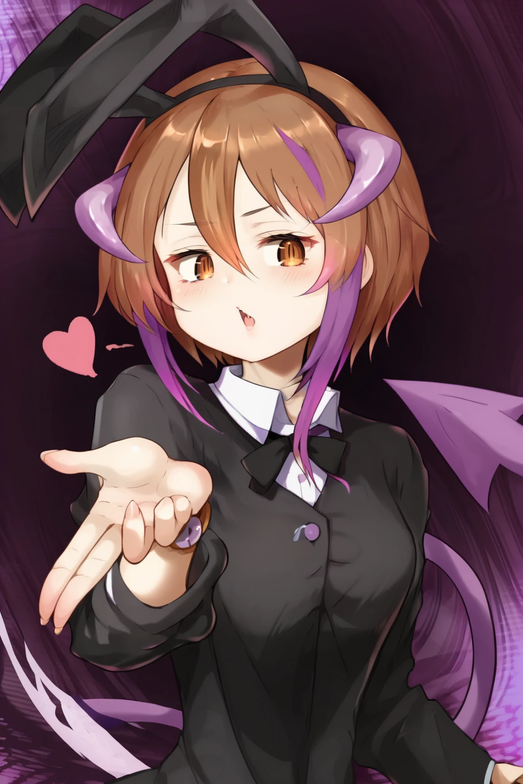 <lora:tortekirsch6135:1>, torte6135, brown hair, purple hair, multicolored hair, short hair, brown eyes, hair between eyes, demon horns, two-tone hair, demon girl, demon tail, purple horns, streaked hair, sidelocks
animal ear hairband, rabbit ears,
long sleeves, buttons, white shirt, collared shirt, sleeves rolled up, black jacket, black bowtie,
bottomless,
wristwatch, fang,
blowing kiss, heart, parted lips, <lora:frieren_blowing_a_kiss_pony:1>, score_9, score_8_up, score_7_up, uncensored, source_anime